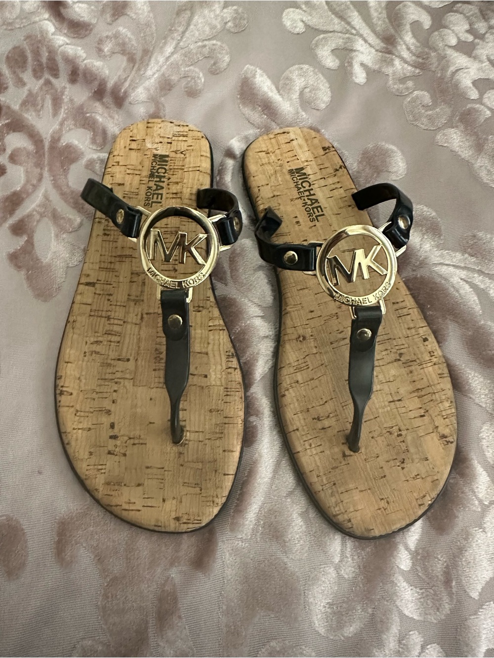 Michael Kors Black Sandals with Gold MK Medallions